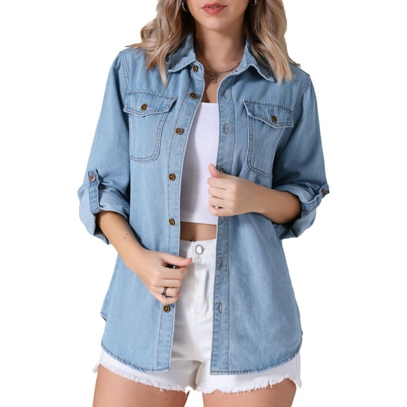 Unique Bargains Women's Denim Shirt Long Sleeve Jean Jackets Casual S Light Blue
