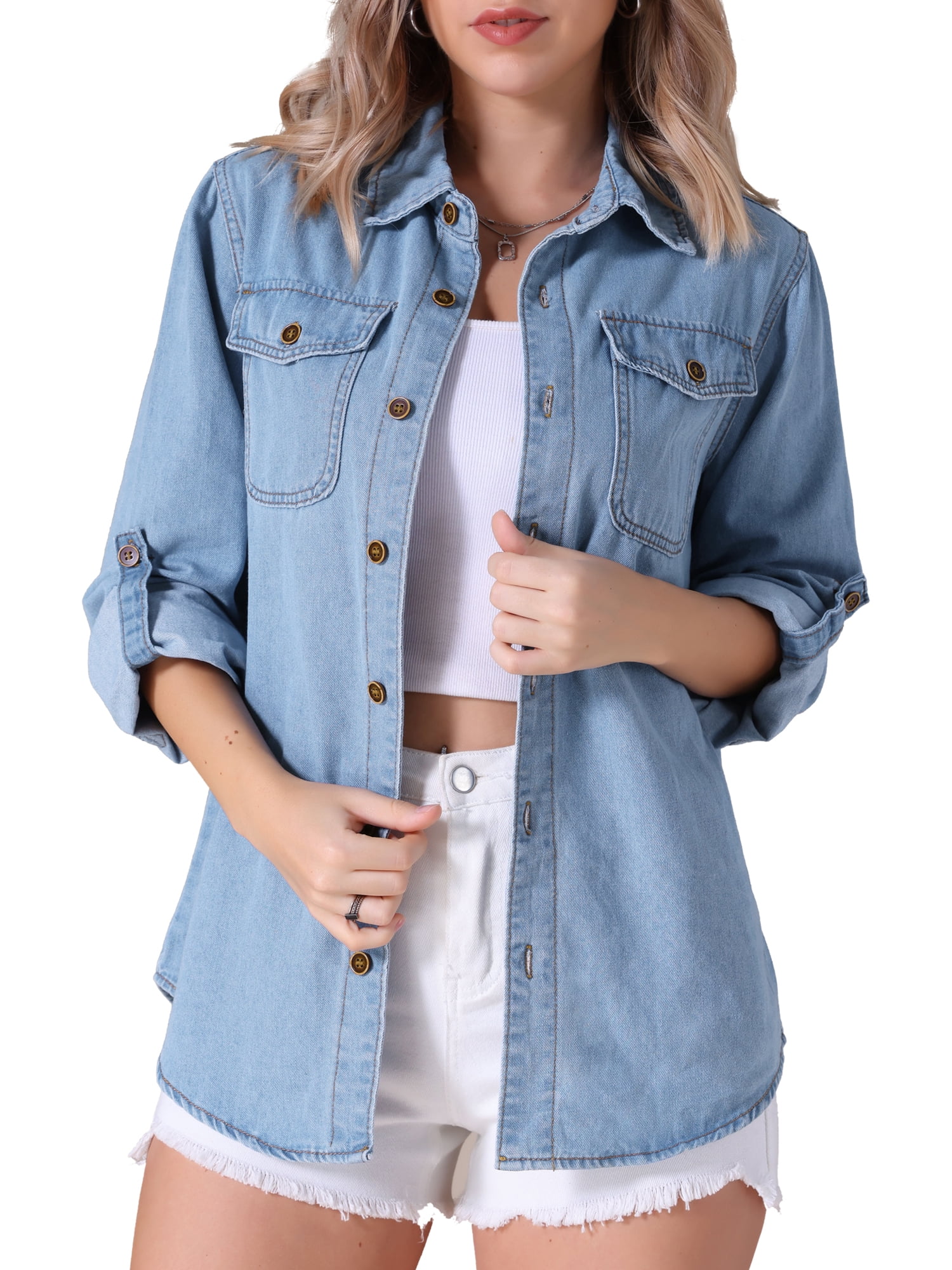 Unique Bargains Women's Denim Shirt Long Sleeve Jean Jackets Casual XL Light Blue