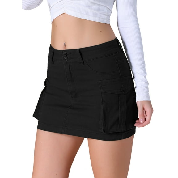 DARING DIVA Women's Denim Skirt Cargo Pockets Button Mini Jeans Skirts S Black