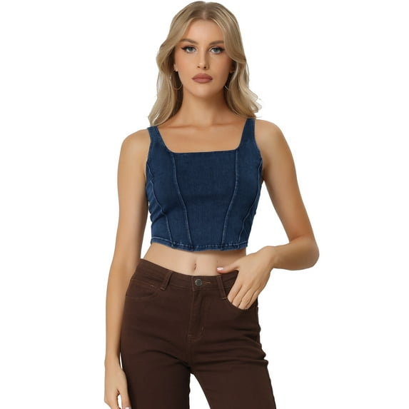Unique Bargains Women Denim Tank Top Scoop Neck Stretchy Cropped Jean Vest M Dark Blue