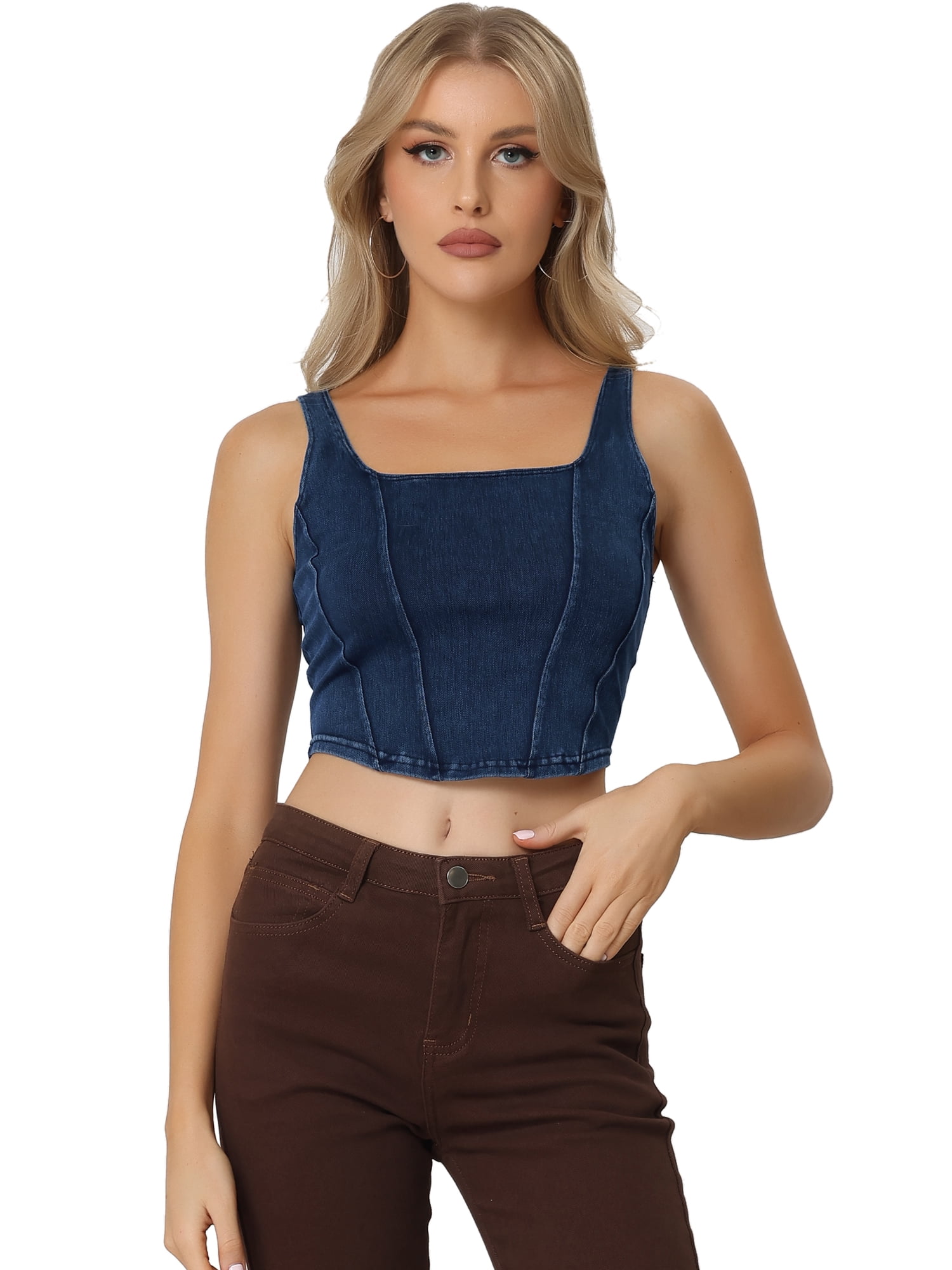 Unique Bargains Women Denim Tank Top Scoop Neck Stretchy Cropped Jean Vest XS Dark Blue