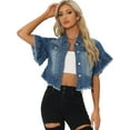 thumbnail image 1 of Unique Bargains Women's Denim Tops Ruffled Short Sleeve Lightweight Peplum Hem Jean Shirt XL Blue, 1 of 6