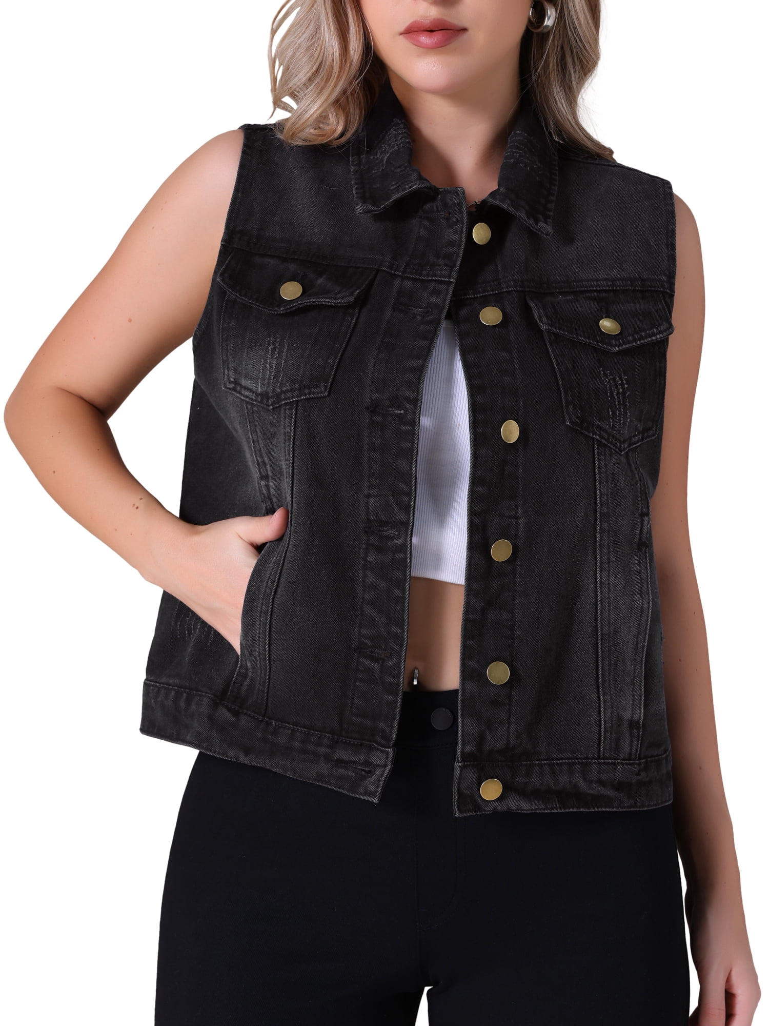 DARING DIVA Womens Denim Vest Button Down Jacket Sleeveless Jean Jacket 2XL Black