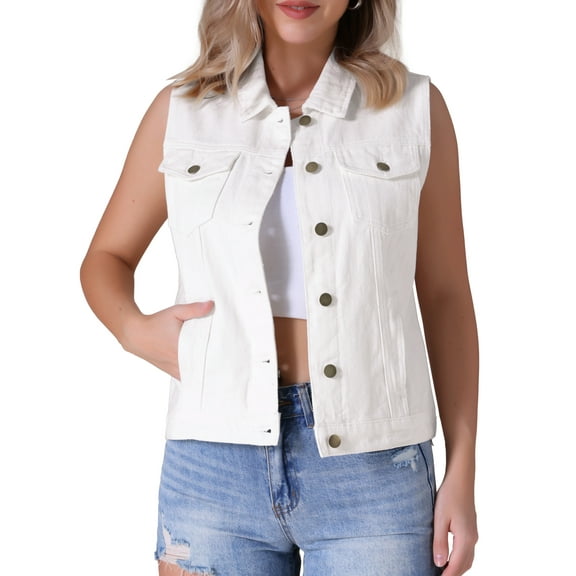 DARING DIVA Women's Denim Vest Button Down Sleeveless Jean Jacket L White