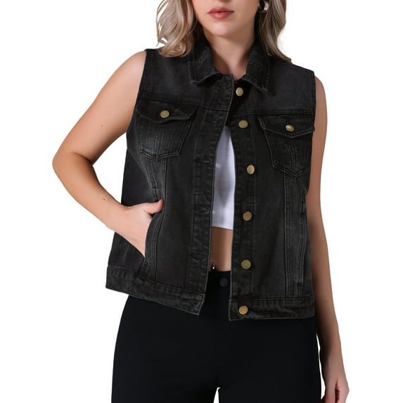 DARING DIVA Women's Denim Vest Button Down Sleeveless Jean Jacket M Black