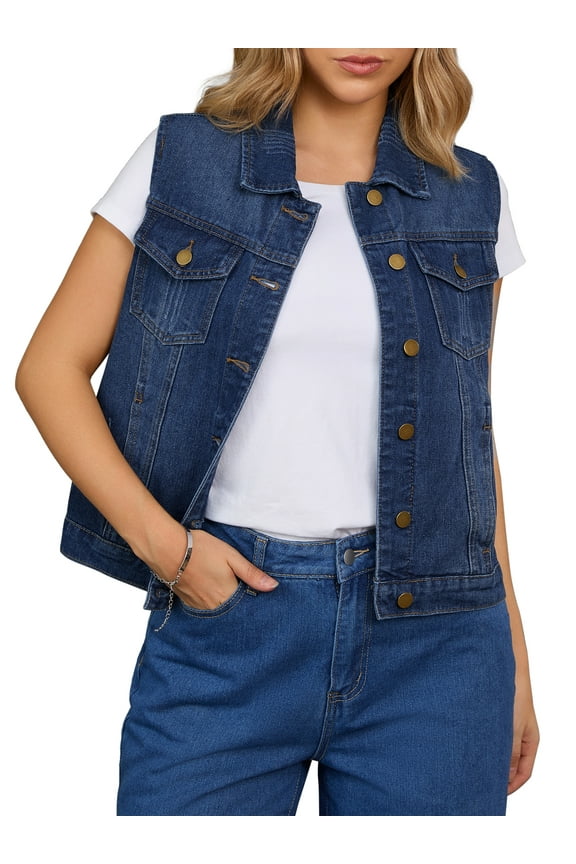 Women's Denim Vest Button Down Sleeveless Jean Jacket M Dark Blue