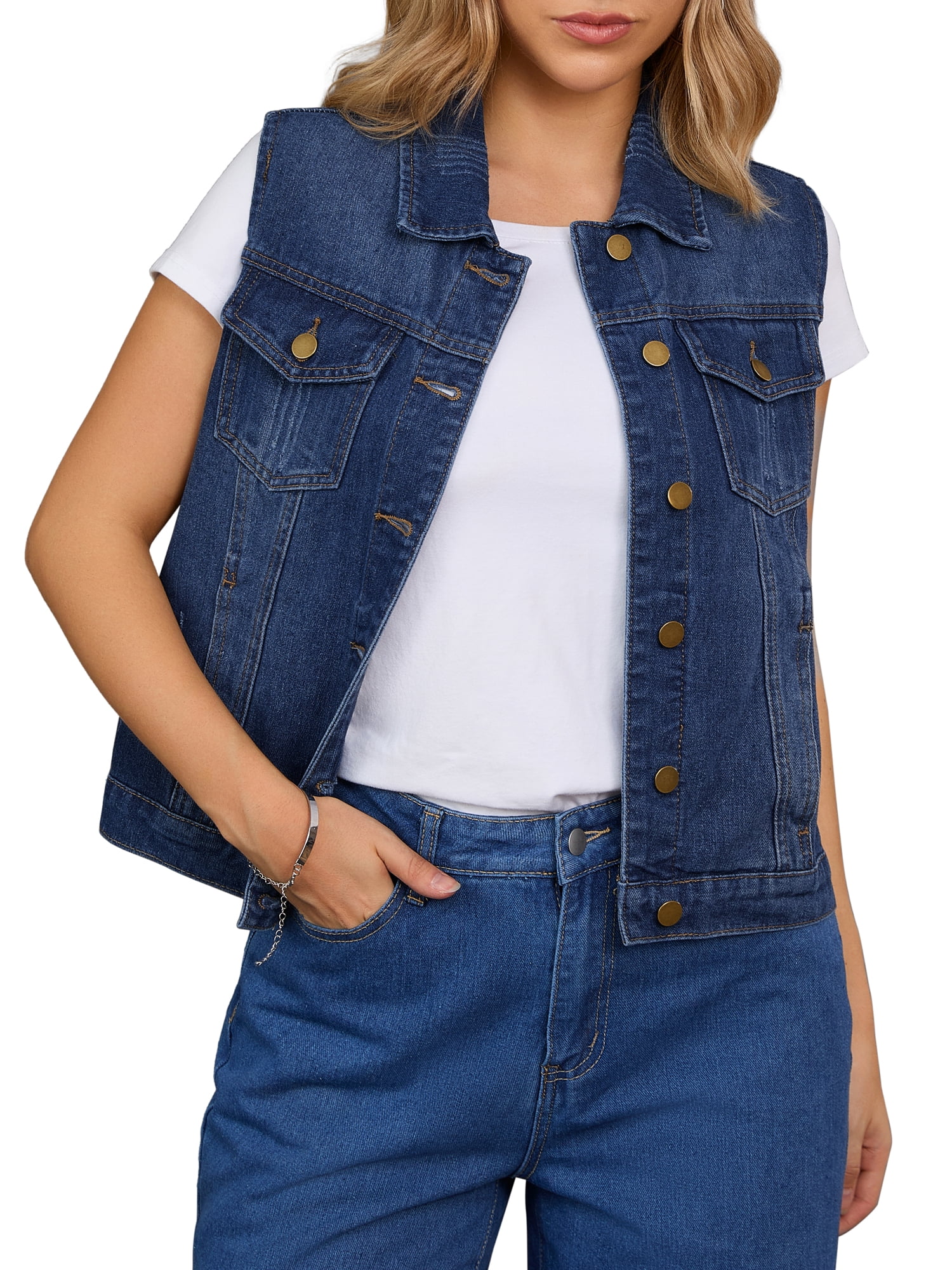 DARING DIVA Womens Denim Vest Button Down Jacket Sleeveless Jean Jacket S Dark Blue