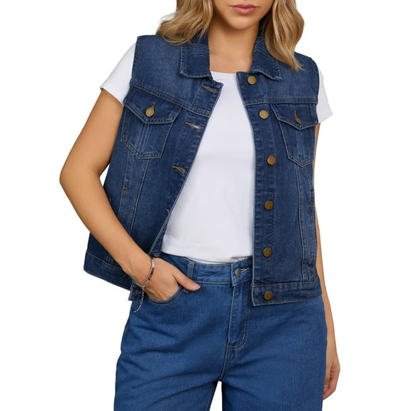 DARING DIVA Women's Denim Vest Button Down Sleeveless Jean Jacket S Dark Blue