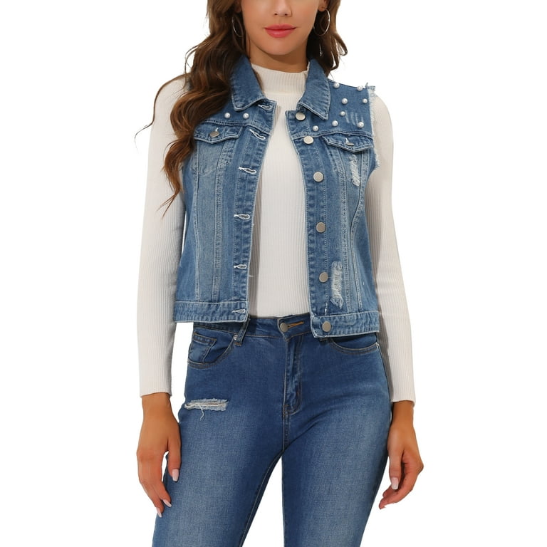 Unique Bargains Women s Denim Vest Pearls Turn Down Collar Sleeveless Distressed Jacket S Blue Walmart