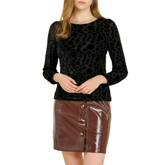 Unique Bargains Women's Dots Prints Velvet Burn-Out Long Puff Sleeve Blouse Tops