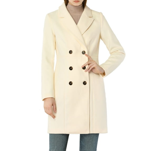 Unique Bargains Women's Double Breasted Notched Lapel Long Sleeve Winter Coat XS Cream White
