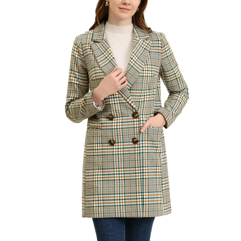 Unique Bargains Women's Double Breasted Notched Lapel Plaid Trench Coats XS  White Green 