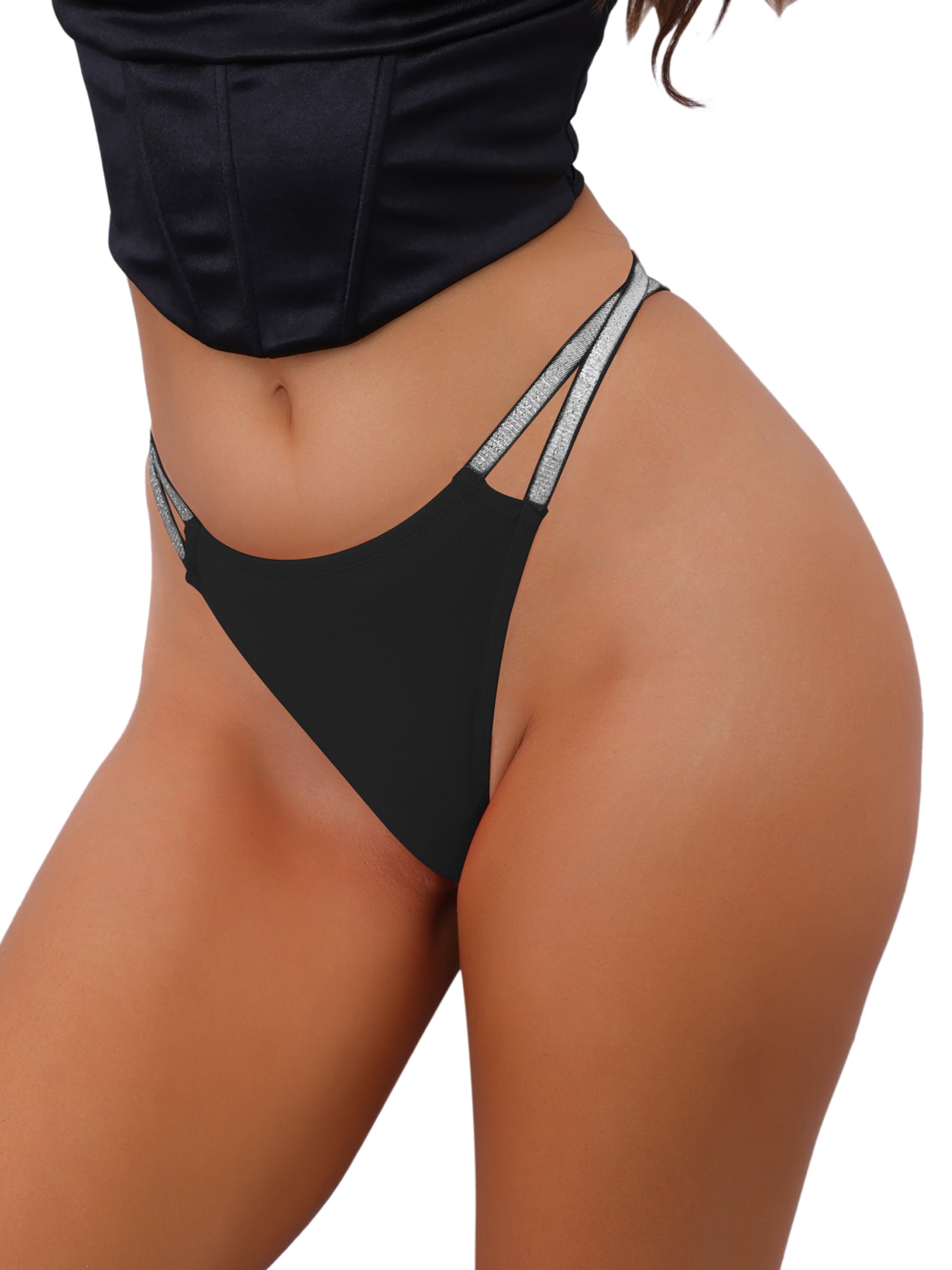 Unique Bargains Women's Double Line Thongs Low-Waisted T-back Panties M Black
