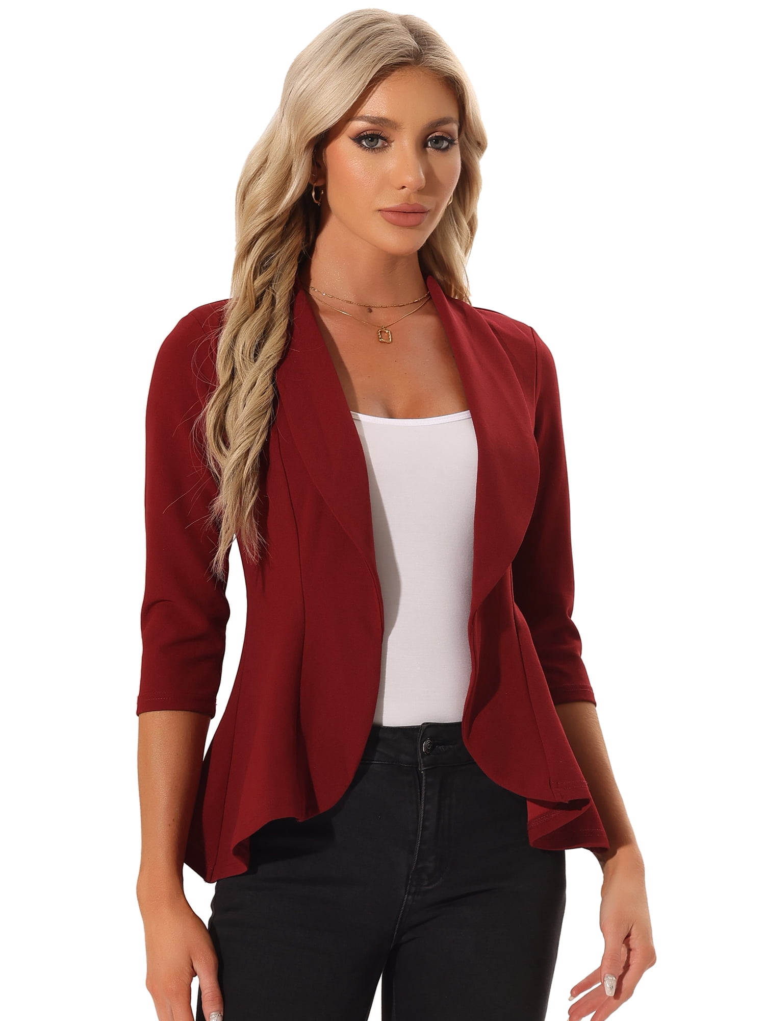 DARING DIVA Women's Draped Collar Open Front Blazer Ruffle Jacket L Red