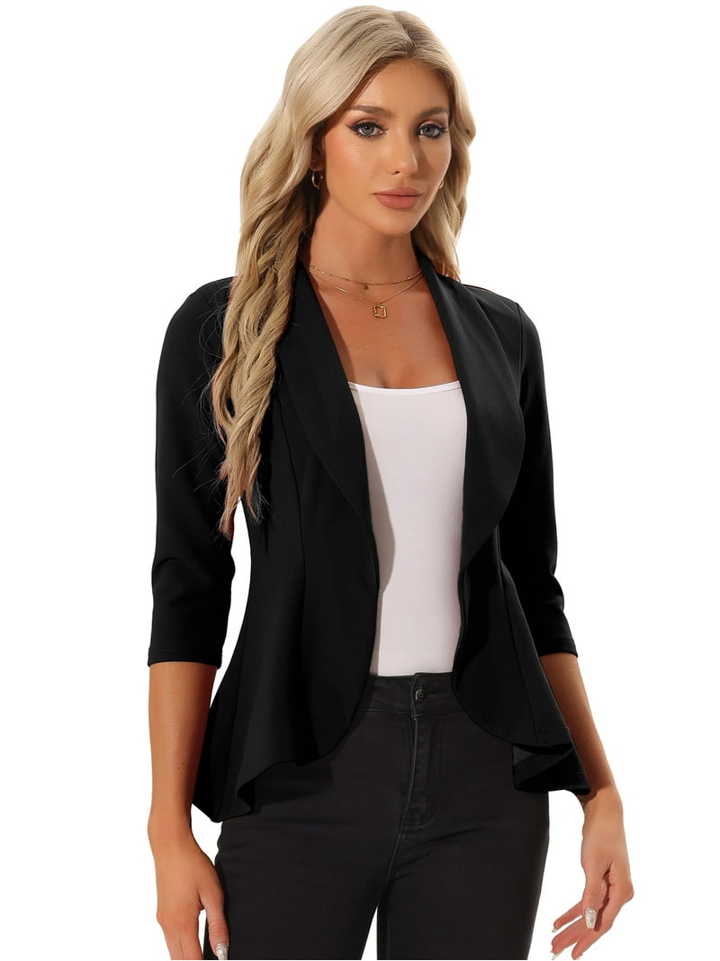 Unique Bargains Women's Draped Collar 3/4 Sleeve Open Front Blazer