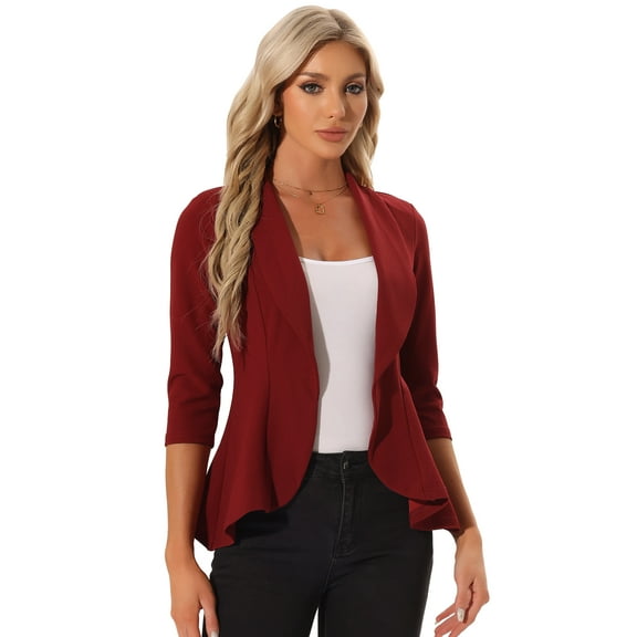 DARING DIVA Women's Draped Collar Open Front Blazer Ruffle Jacket S Red