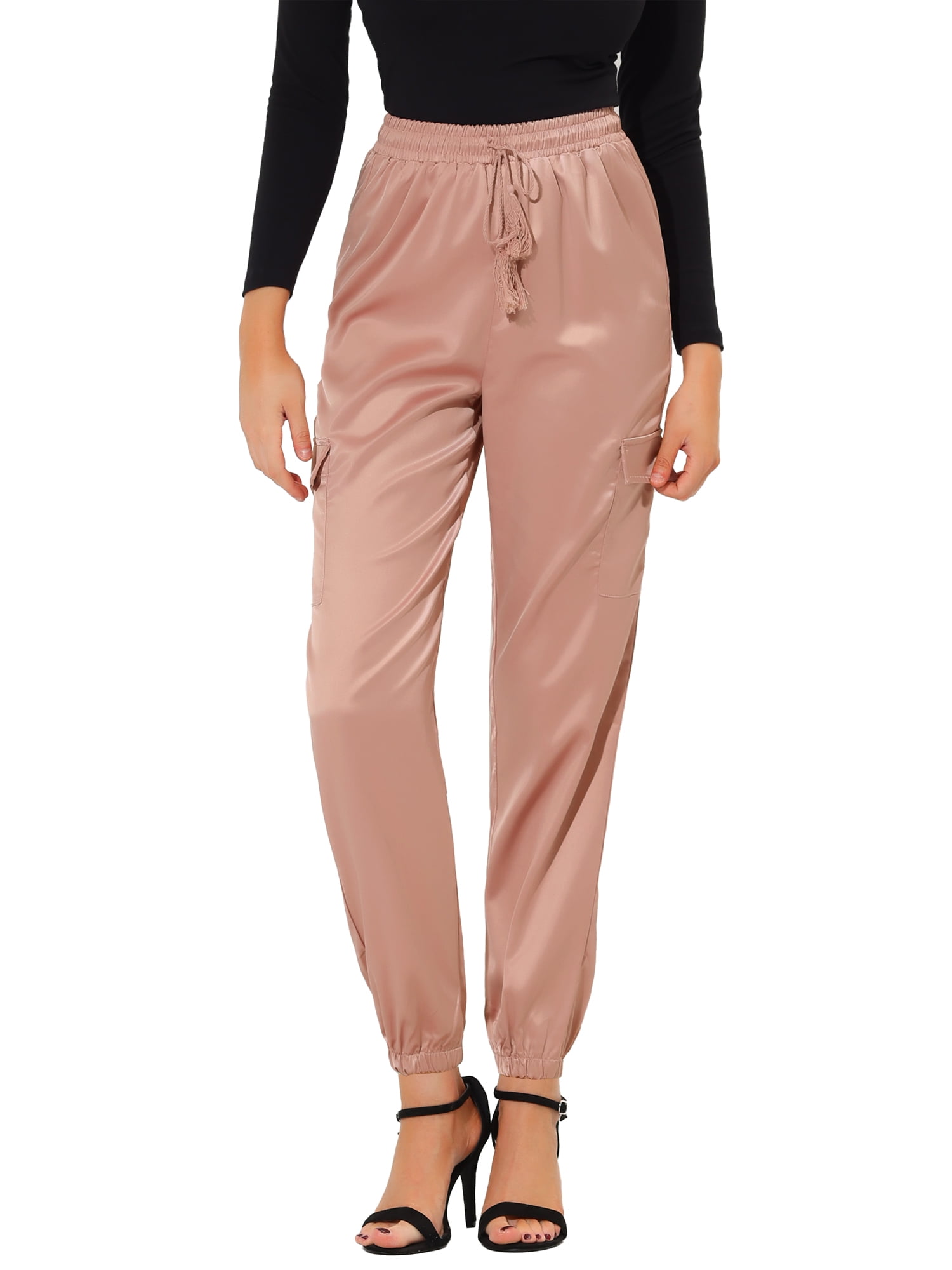 Unique Bargains Women's Drawstring Elastic High Waist Satin Cargo Pants