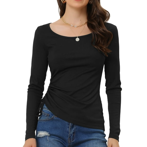 Unique Bargains Women's Side Shirring Ruched Tops Long Sleeve Basic T-Shirt M Black
