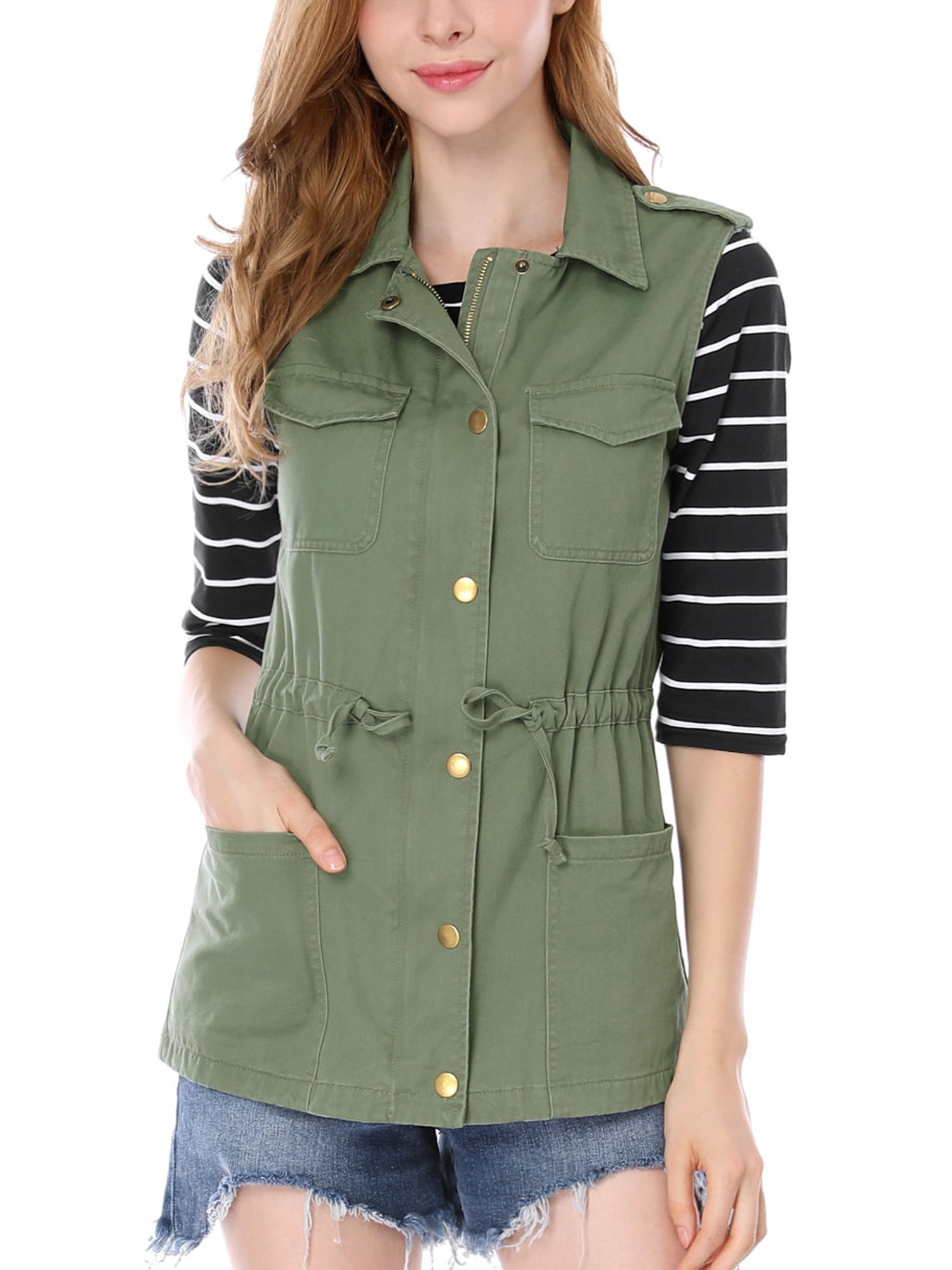 Unique Bargains Women's Drawstring Utility Anorak Cargo Vest Jacket