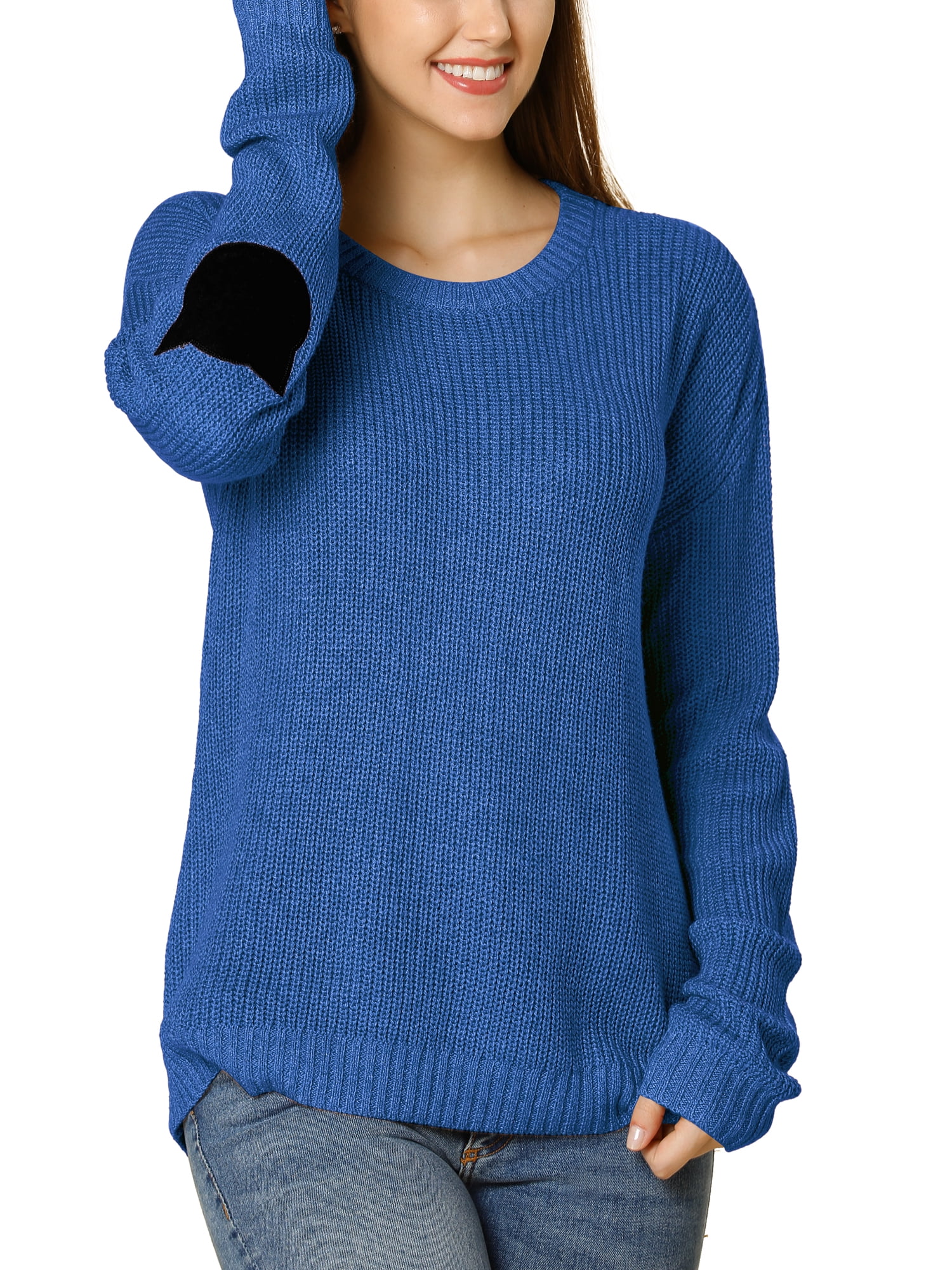Unique Bargains Women's Drop Shoulder Elbow Cat Patch Sweater Pullover Jumpers