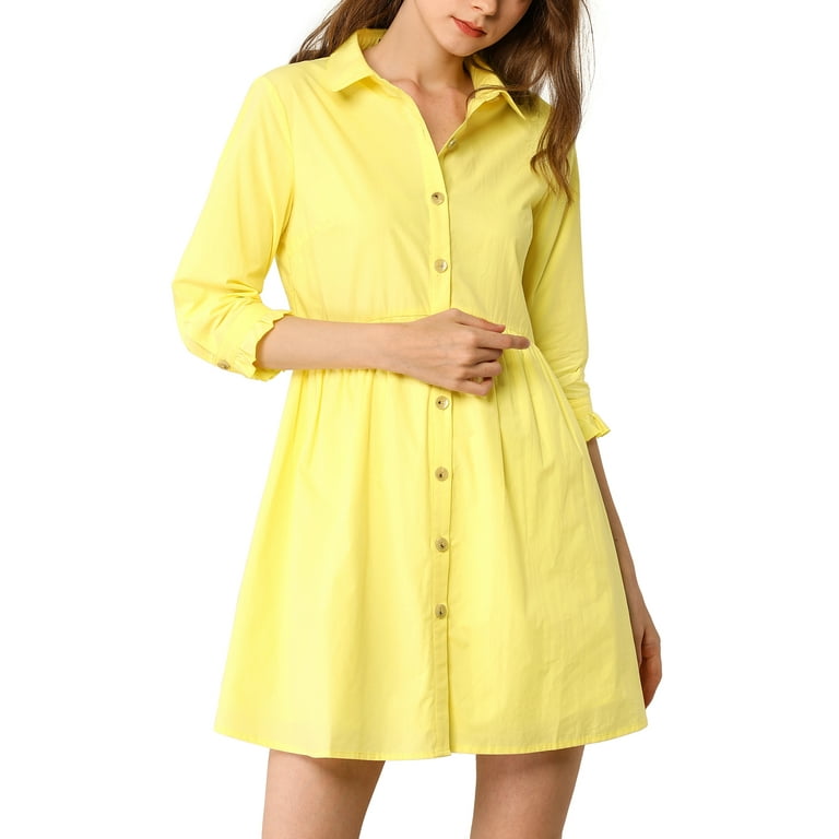 Unique Bargains Women's Elegant Collar Flare 3/4 Sleeve Button Mini Shirt Dress Lemon Yellow M