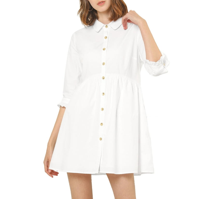 Unique Bargains Women's Elegant Collar Flare 3/4 Sleeve Button Mini Shirt  Dress