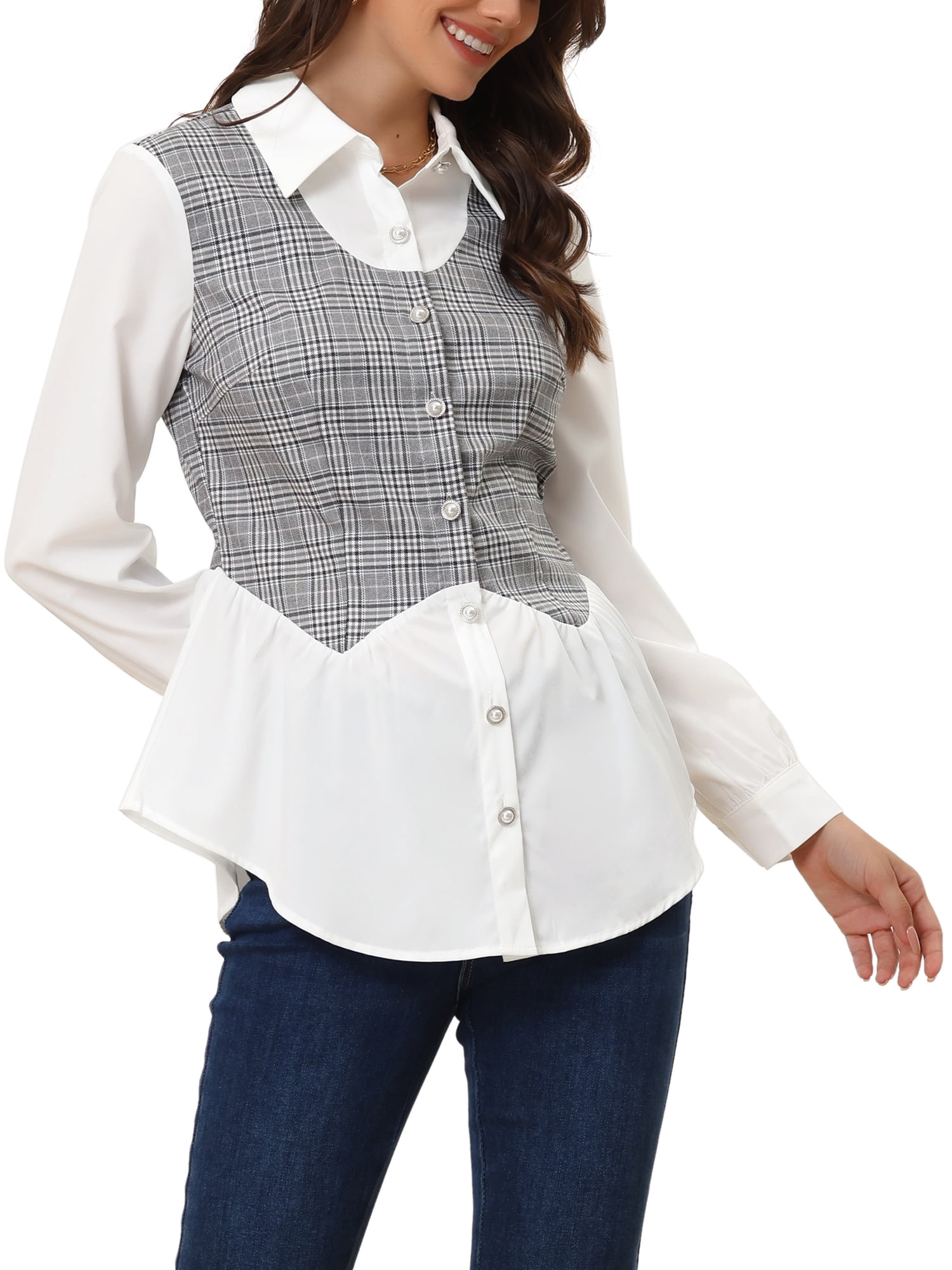 Women's Contrast Plaid Panel Long Sleeve T-Shirt Women's Contrast Plaid Panel Long Sleeve T-Shirt