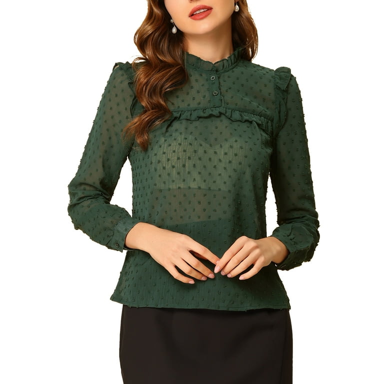 Unique Bargains Women's Elegant Semi Sheer Long Sleeve Swiss Dots Chiffon  Blouse Top