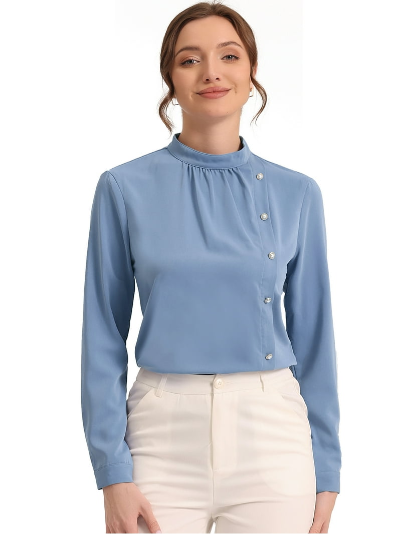 Unique Bargains Women's Elegant Stand Collar Work Office Blouse