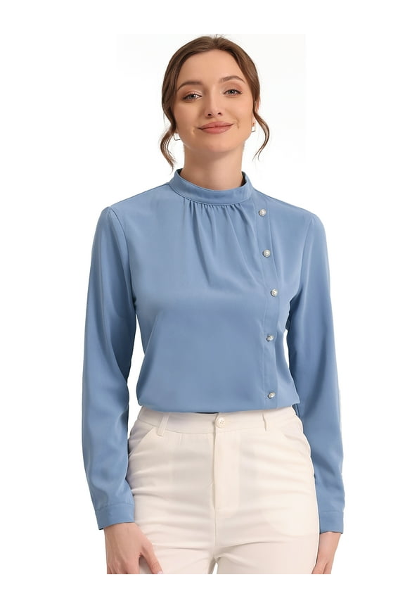 Women's Elegant Stand Collar Work Office Blouse Shirts L Blue Gray