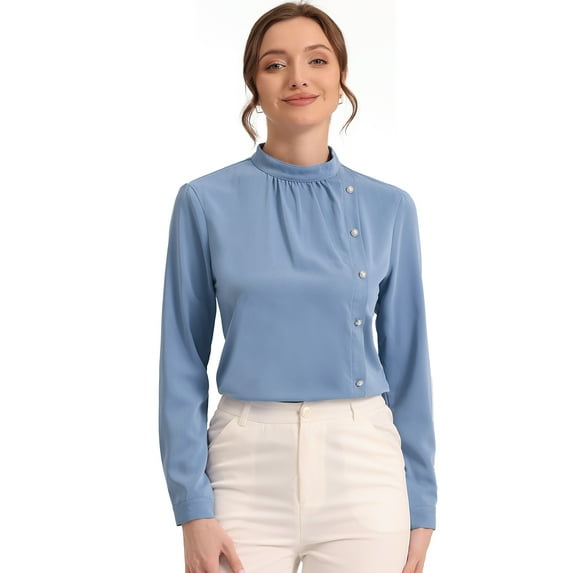 Unique Bargains Women's Elegant Stand Collar Work Office Blouse Shirts M Blue Gray