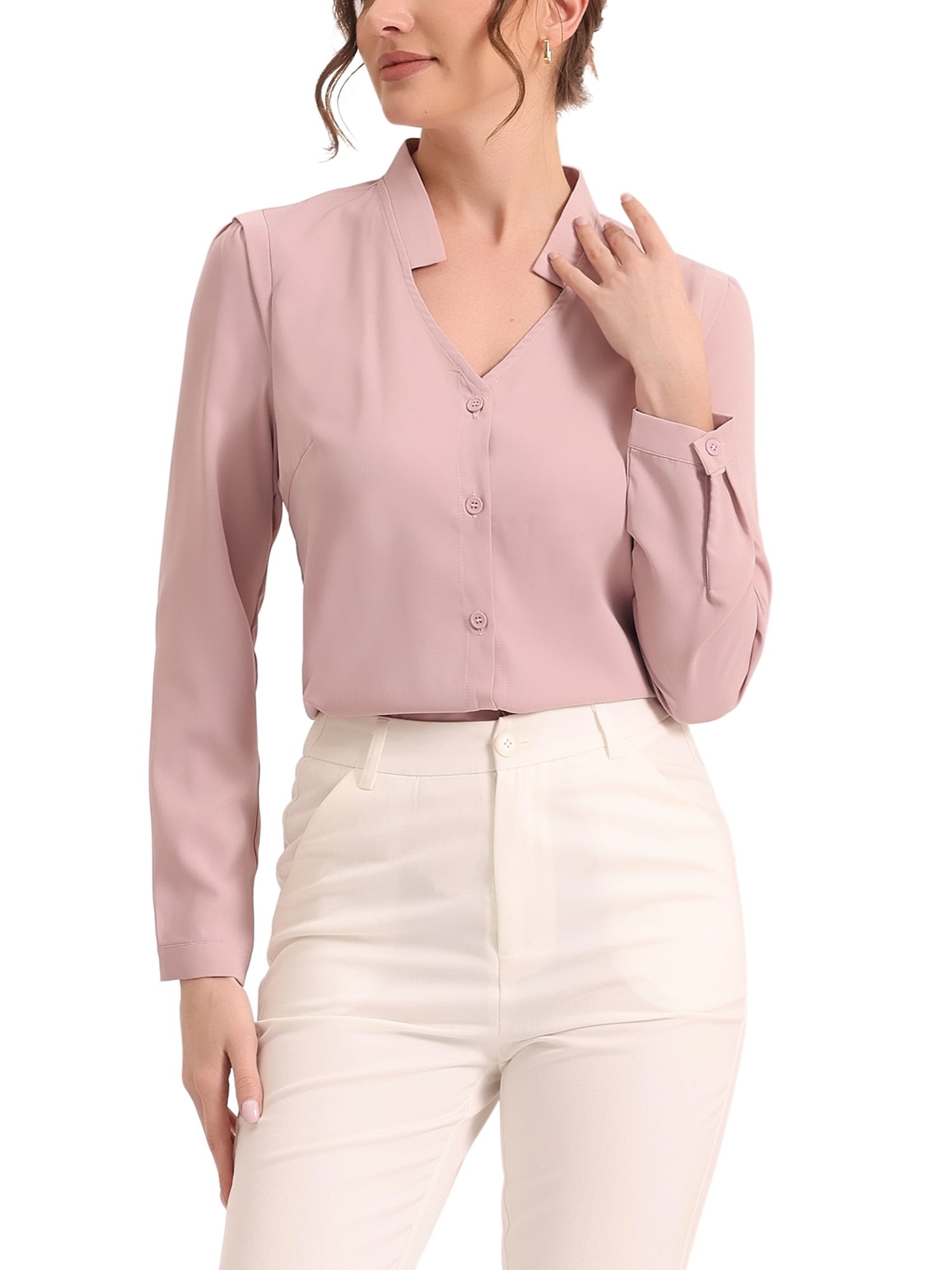 Unique Bargains Women's Elegant V Neck Long Sleeves Button Down Shirt