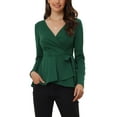 thumbnail image 1 of Unique Bargains Women's Elegant V Neck Long Sleeves Casual Wrap Peplum Knit Blouse M Green, 1 of 6