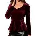 thumbnail image 1 of Unique Bargains Women's Elegant Velvet Sweetheart Neck Long Sleeve Peplum Top XS Burgundy, 1 of 6