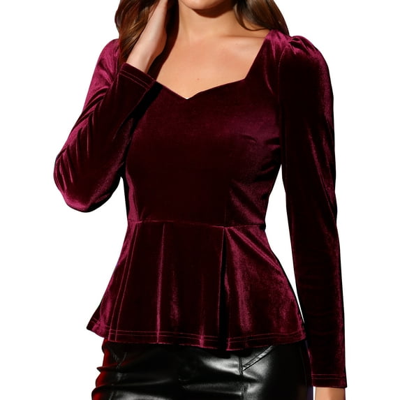 Unique Bargains Women's Elegant Velvet Sweetheart Neck Long Sleeve Peplum Top XS Burgundy