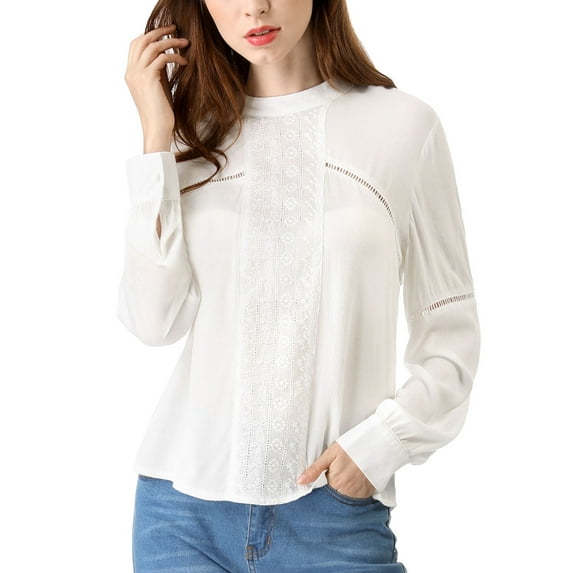 Unique Bargains Women's Embroidery Floral Crew Neck Boho Peasant Blouse