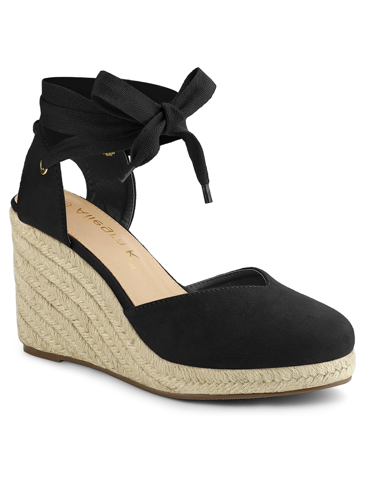 Unique Bargains Women's Espadrille Lace up Wedge Heel Sandals Black (Size 8.5)