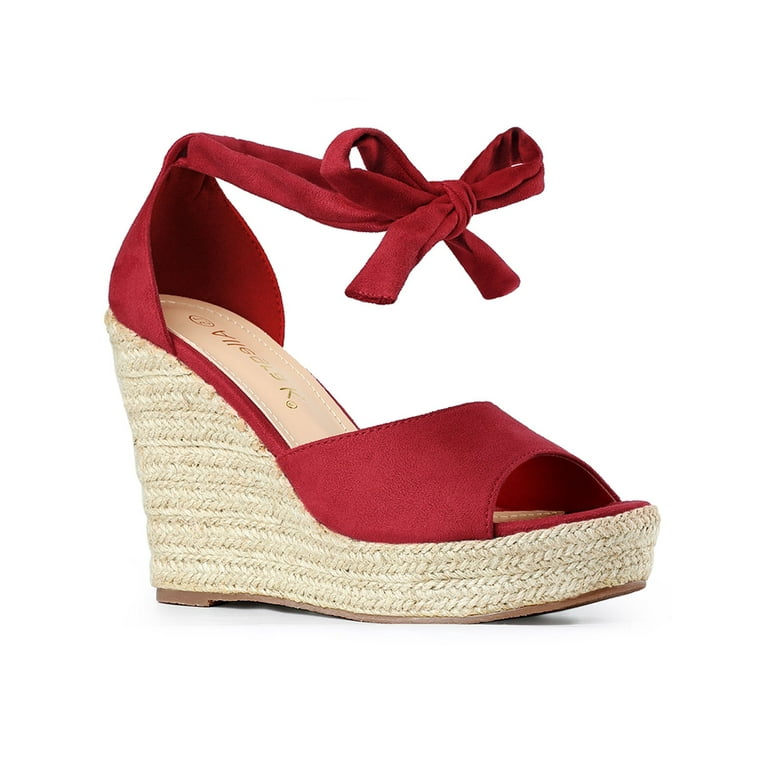 Unique Bargains Women s Espadrilles Tie Up Ankle Strap Sandals Red Size 8.5 Size Regular