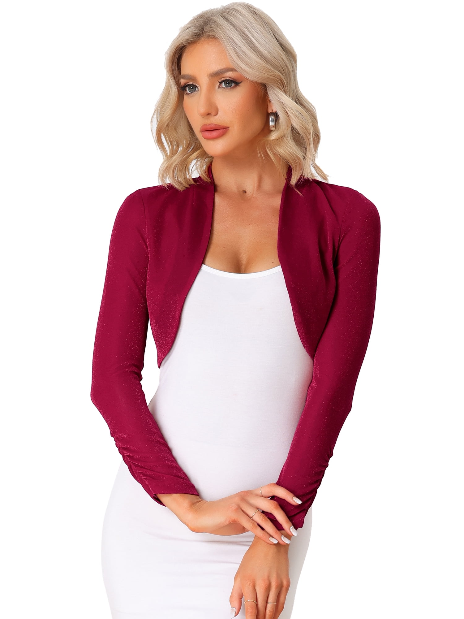 DARING DIVA Open Front Long Sleeves Sheer Bolero Glitter Shrug M Red