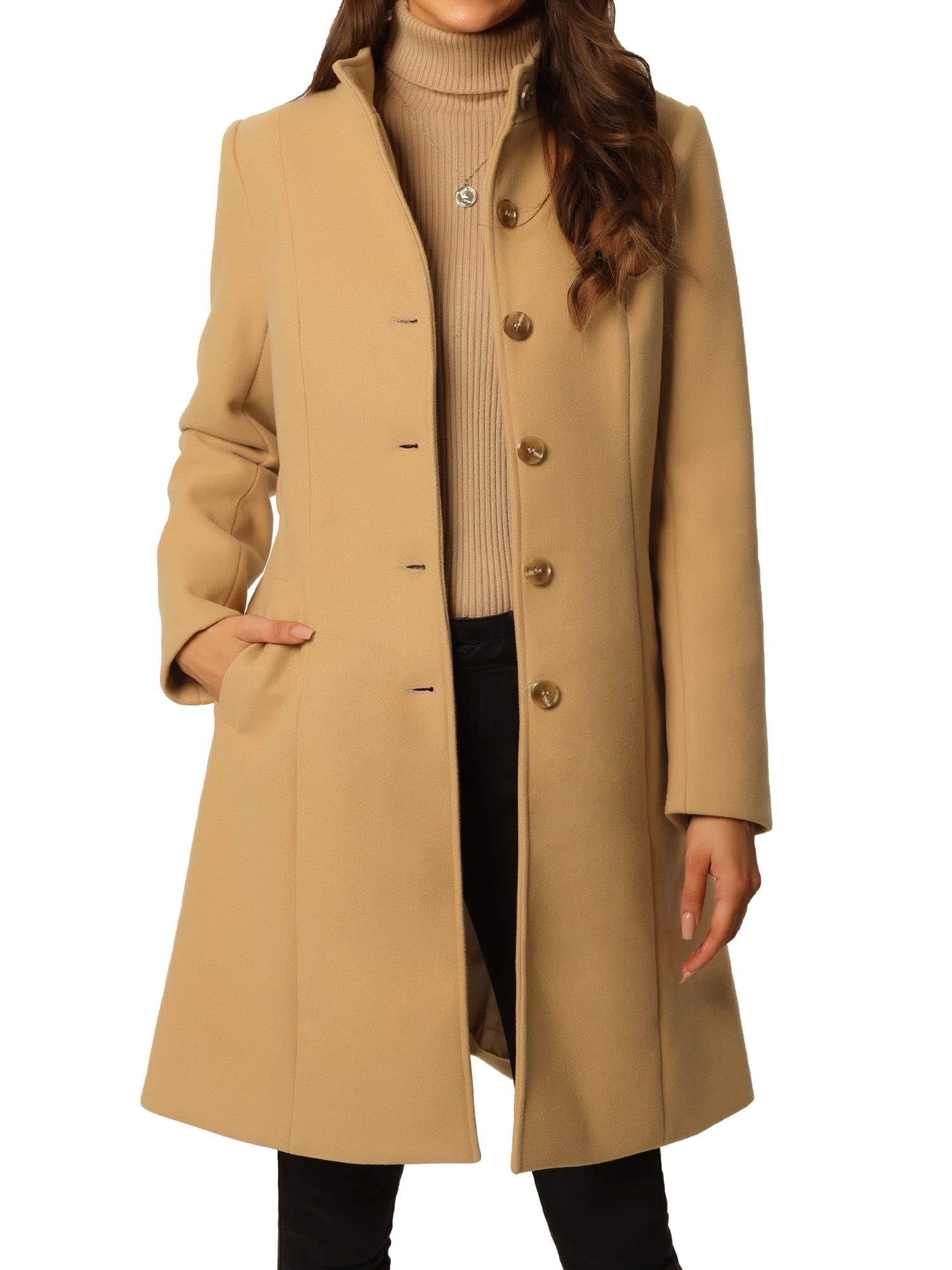 Elegant Women's Midi Peacoat with Pockets and Belt for Winter Fashion XL Khaki