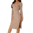 thumbnail image 1 of Unique Bargains Women's Fashion Long Sleeve Slim Fit Ribbed Knit Sweater Midi Dresses M Khaki, 1 of 6