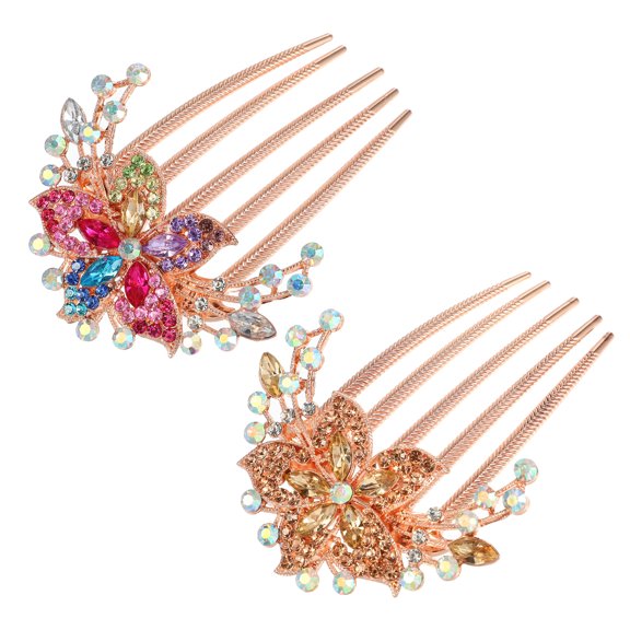 Unique Bargains Women's Fashion Rhinestone Inlaid Flower Hair Side Comb 2Pcs Champagne Assorted Color