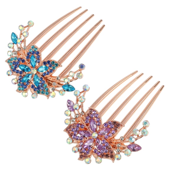 Unique Bargains Women's Fashion Rhinestone Inlaid Flower Hair Side Comb 2Pcs Sky Blue Purple