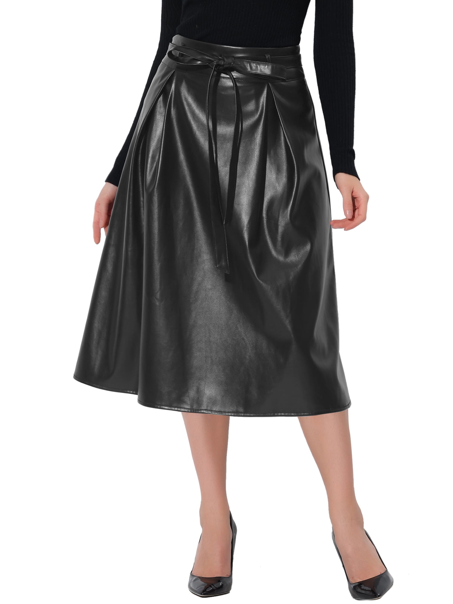 Bargains women's Faux Leather Elastic Tie Waist A-Line Midi