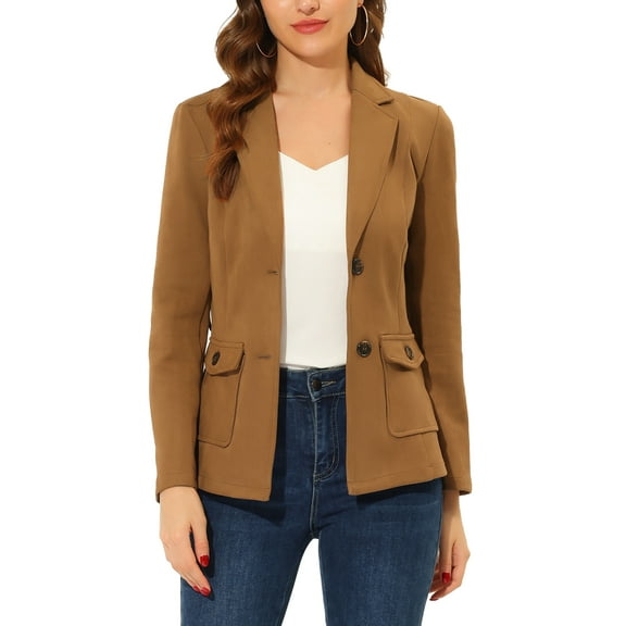 Unique Bargains Women's Faux Suede Belted Long Sleeve Single Breasted Blazer L Brown