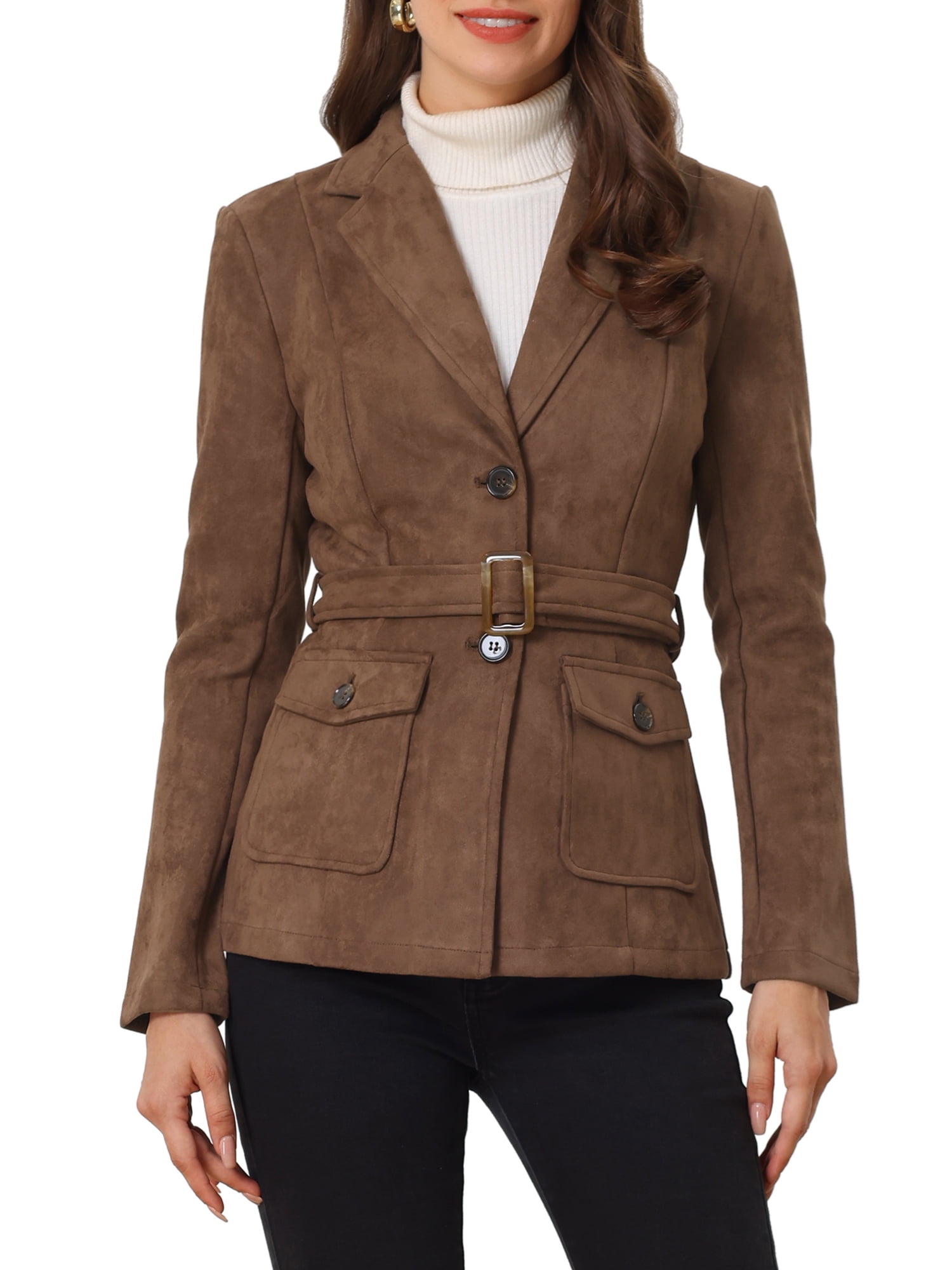 Unique Bargains Women's Faux Suede Belted Long Sleeve Single Breasted Blazer M Dark Brown