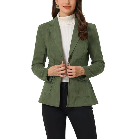 Unique Bargains Women's Faux Suede Belted Long Sleeve Single Breasted Blazer S Army Green