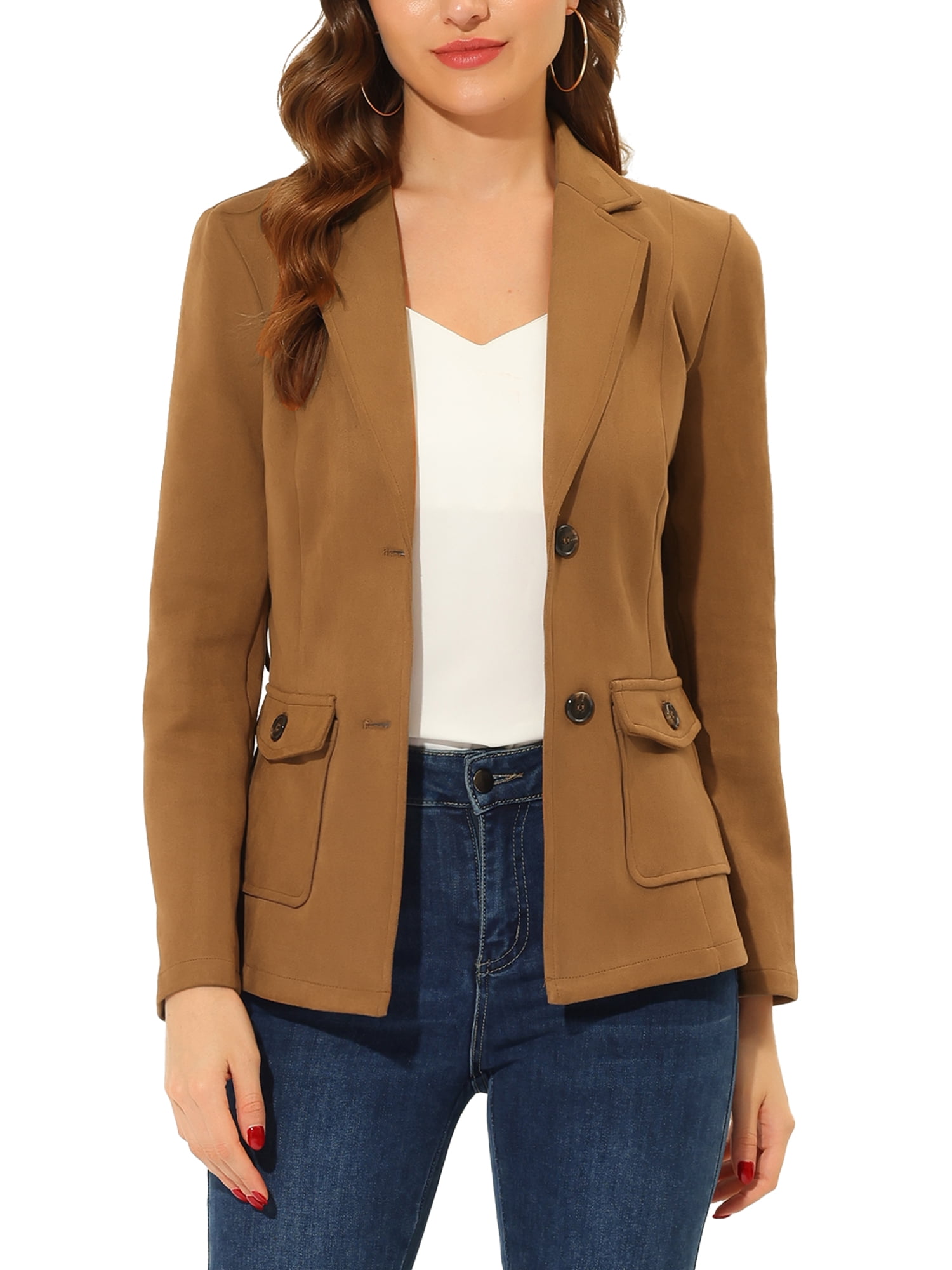 Unique Bargains Women's Faux Suede Belted Long Sleeve Single Breasted Blazer S Brown