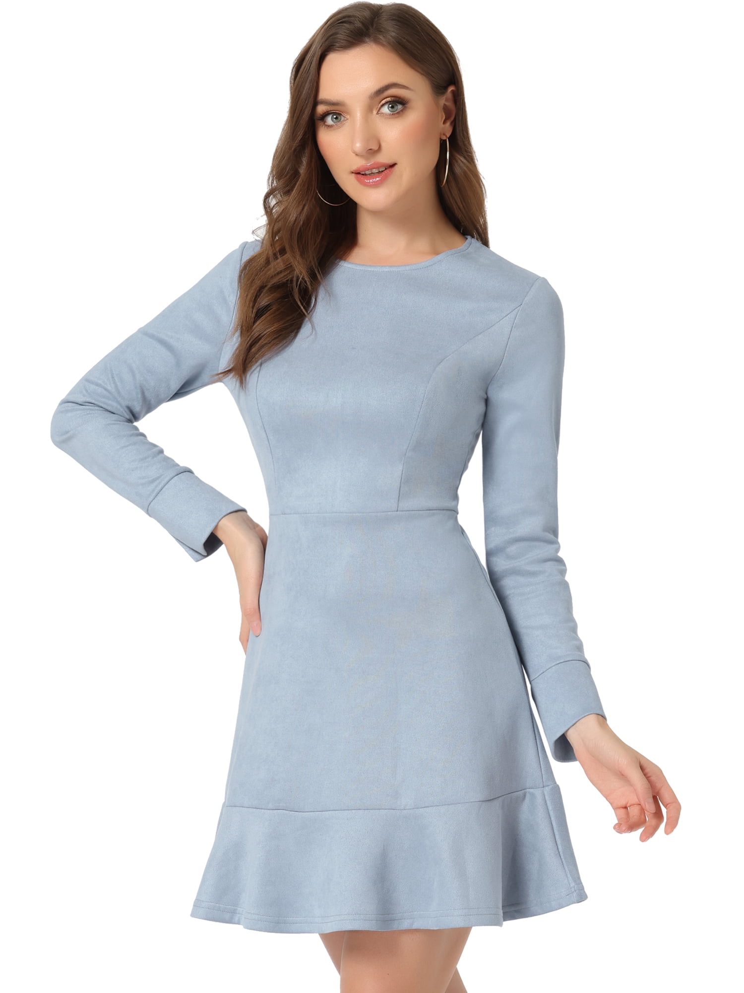 Unique Bargains Women's Faux Suede Ruffle Hem Long Sleeve Mini Dresses L  Grey Blue - Walmart.com