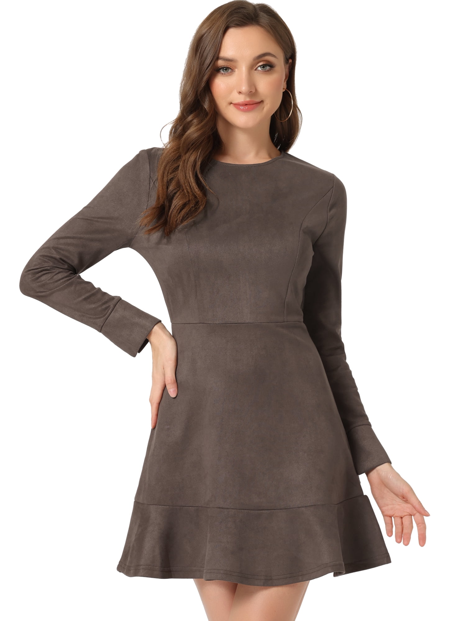 Unique Bargains Women's Faux Suede Ruffle Hem Long Sleeve Mini Dresses XL Dark Brown